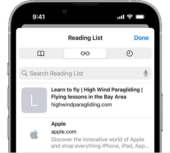 iPhone showing Safari Reading List